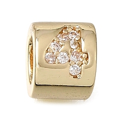 Real 14K Gold Plated Brass Micro Pave Clear Cubic Zirconia Beads, Oval with Number 4, Real 14K Gold Plated, 6.5x5.5x5.5mm, Hole: 3x4mm