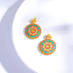 Разноцветный Латуни кулон, с эмалью, плоский круг с рисунком мандалы, золотые, красочный, 31x24 мм, отверстие : 5 мм