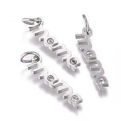 Платинированный 316 хирургические подвески из нержавеющей стали, с микропаве и фианитом, долговечный, Слово мама, день матери, прозрачные, Реальная платина, 17x4.5x1.5 мм, отверстие: 3.5 мм