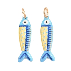 Blue Printed Brass Pendants, Fish with Dot Charms, Golden, Blue, 27x18x3mm, Hole: 4mm