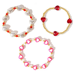 Бледно-Розовый 3 шт. 3 стили богемный стиль набор браслетов в форме сердца, включая эластичный браслет с искусственным жемчугом и латунными бусинами, а также эластичный браслет с акриловыми и латунными бусинами, розовый жемчуг, внутренний диаметр: 6-7/8 дюйм (17.5 см)
