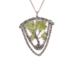 Peridot Natural Peridot Brass Wire Wrapped Pendants, with Alloy Fingdings, Triangle with Tree, Antique Bronze, 53x48mm