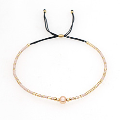 Золотистый Регулируемые браслеты из стеклянного бисера с застежкой-слайдером для женщин, с натуральным пресноводным жемчугом, золотые, 11.02 дюйм (28 см)