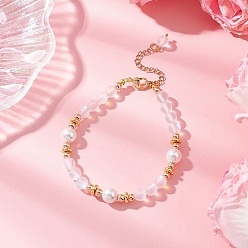 Белый Браслеты из круглых бусин из синтетического лунного камня для женщин, с ракушечным жемчугом и гальваническим немагнитным синтетическим гематитом, белые, 7-1/2 дюйм (19 см)