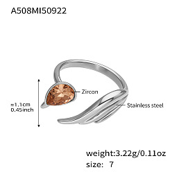 White 304 Stainless Steel Pave Cubic Zirconia Cuff Open Rings, Wing, with Enamel, Stainless Steel Color, White, 17mm