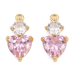 Pink Brass Pave Cubic Zirconia Pendants, Heart with Round Charms, Real 18K Gold Plated, Pink, 17x9x5mm, Hole: 1.4mm