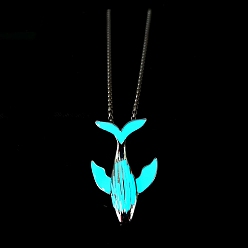 Cyan Luminous Glow in the Dark Alloy Whale Pendant Necklaces, with Stainless Steel Curb Chain, Cyan, 27.56 inch(70cm)