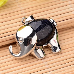 Синий Драгоценный Камень Синтетический синий авантюрин подвески, с латунной фурнитурой платинового цвета, слон, 29x38x10 мм, отверстие : 5x3.5 мм