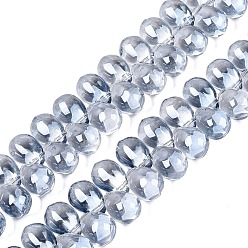 Light Steel Blue Electroplate Baking Paint Transparent Glass Beads Strands, Top Drilled Beads, Teardrop, Light Steel Blue, 13.5x9.5x9.5mm, Hole: 1~1.2mm, about 119~122pcs/strand, 21.46~23.43 inch(54.5~59.5cm)