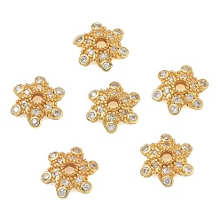 Oro Micro latón preparan tapas de cuentas de zirconia cúbica, flor, chapado en rack, larga duración plateado, sin plomo y cadmio, dorado, 11x10x3 mm, agujero: 1.8 mm