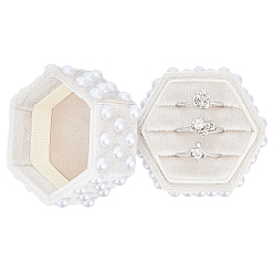 Gainsboro 3-Slot Velvet Finger Ring Package Boxes, Hexagon with Imitation Pearl, Gainsboro, 5.4x5.5x5.4cm