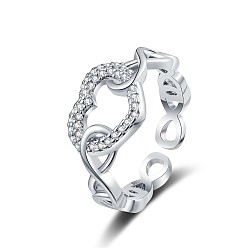 Платина Кольца-манжеты с открытыми полыми вставками из латуни с микропаве из прозрачного кубического циркония для женщин, платина, 10 мм, регулируемый