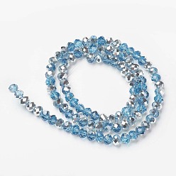 Deep Sky Blue Electroplate Transparent Glass Beads Strands, Half Silver Plated, Faceted, Rondelle, Deep Sky Blue, 2.5x2mm, Hole: 0.4mm, about 199pcs/strand, 13.4 inch(34cm)