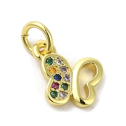 Разноцветный Подвески из настоящей 18k-позолоченной латуни с фианитами, с прыжковых колец, бабочка, красочный, 9.5x10.5x1.5 мм, отверстие : 3 мм