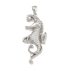 Платина Подвески из морской латуни с микропаве из кубических цирконий, морской конек, платина, 44x20.5x6.5 мм, отверстие : 5x3.5 мм