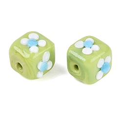 Pale Green Handmade Bumpy Lampwork Beads, Cube & Flower, Pale Green, 10.5~12x10.5~12x9.5~10.5mm, Hole: 1.4~1.6mm