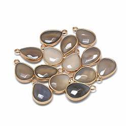 Серый агат Природные серые агаты подвески, с фурнитурой латунной золотого тона, граненые, слеза, 23x14~15x6~7 мм, отверстие : 2 мм