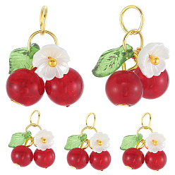 Красный 40 шт. Стеклянные подвески, вишня, с кольцами из смолы и глодена, красные, 20.5x16.5x8 мм, отверстие : 4 мм