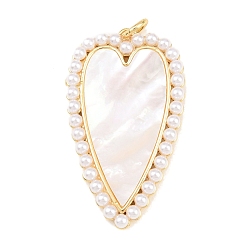 Сердце Латунь с подвесками из натуральных белых ракушек, с кромкой из АБС-пластика, имитирующей жемчуг, реальный 18 k позолоченный, долговечный, стойки покрытие, без свинца и без кадмия, сердце, 51.5x30x5 мм, Перейти кольцо: 8x1.5 мм, внутренний диаметр: 5 мм