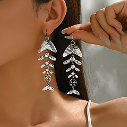 Античное Серебро Серьги-подвески из цинкового сплава с синтетической бирюзой в форме рыбьей кости, античное серебро, 93x30 мм