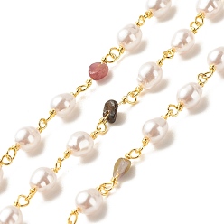 Tourmaline Natural Tourmaline Chips & ABS Pearl Beaded Chains, with Gold Plated Brass Findings, Long-Lasting Plated, Soldered, with Spool, 15~16x6.5x5mm, 15x4.5~5.5x3.5~4mm