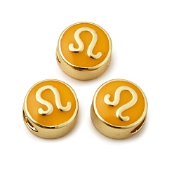 Лео Латунные бусины, с эмалью, плоские круглые с созвездием, реальный 18 k позолоченный, золотые, Лев, 10x5 мм, отверстие : 4.5x2.5 мм