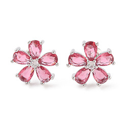 Фламинго Серьги-гвоздики из латуни с микропаве из кубического циркония, долговечный, цветок, платина, фламинго, 14x14 мм