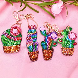 Зеленый Diy брелок для ключей с кактусом алмазная живопись наборы, включая акриловую доску, Сплав застежками, смола стразы, алмазная липкая ручка, поднос тарелка и клей глина, зелёные, кактус: 60~70x50~60 мм, 4 шт / комплект
