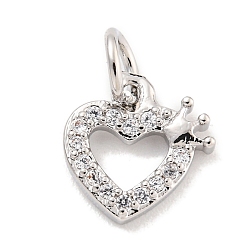 Платина Покрытие стойки латунь микропаве прозрачные подвески из кубического циркония, с прыжковых колец, долговечный, без свинца и без кадмия, сердце, платина, 9.5x9.5x1.8 мм, отверстие : 3 мм