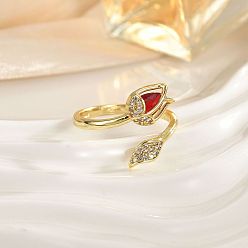 Красный Открытые кольца манжеты из латуни с микропаве и кубическим цирконием, Цветок тюльпана, золотые, красные, 15~20 мм