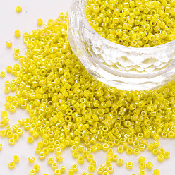 Yellow Glass Cylinder Beads, Seed Beads, Opaque Colours Rainbow, Round Hole, Yellow, 1.5~2x1~2mm, Hole: 0.8mm, about 8000pcs/bag, about 1pound/bag