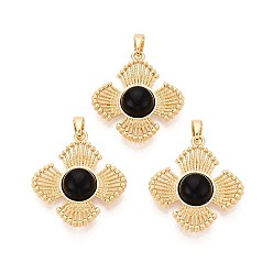 Black Onyx Подвески из натурального черного оникса (окрашенные и нагретые), цветочные подвески с латунной оправой, реальный 18 k позолоченный, 25x23x5~6 мм, отверстие : 5x2.5 мм