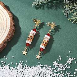 Олень Серьги-гвоздики с подвесками из латуни с прозрачным кубическим цирконием на рождественскую тематику, со стеклянными бисеринами, золотые, олень, 63~64x11 мм