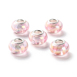Pink УФ-покрытие смола европейские бусины, RONDELLE большие шарики отверстия, с двойными сердечниками из сплава платинового тона, розовые, 13.5x9 мм, отверстие : 5 мм