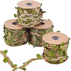 Olive Drab Polyester Leaf Trim Ribbon, with Jute Twines, Olive Drab, 15.5mm, about 5m/roll