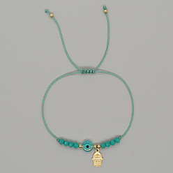 Бирюза Латунные браслеты с подвесками в виде хамсы, Браслеты из плетеных бусин от сглаза из стекла и смолы для женщин, бирюзовые, внутренний диаметр: 11 дюйм (28 см)