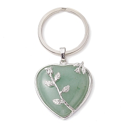 Green Aventurine Natural Green Aventurine & Brass Heart Pendant Keychains, with Iron Split Key Rings, 7cm, Pendants: 36x33x10mm