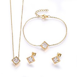 Oro 304 de acero inoxidable conjuntos de joyas, colgantes collares y pendientes y pulseras, con circonita, rombo, dorado, 16.93 pulgada (43 cm), 7-1/8 pulgada (18 cm), 12x12x4 mm, pin: 0.8 mm