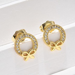 Bowknot Серьги-гвоздики из латунного микро-паве, долговечный, реальный 18 k позолоченный, бантом, 12.5x11.5 мм