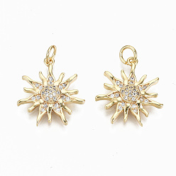 Настоящее золото 18K Латунные микропаве прозрачные подвески с фианитом, с прыжковых колец, без никеля , солнце, реальный 18 k позолоченный, 19.5x17.5x3.5 мм, Перейти кольцо: 5x0.8 мм, внутренний диаметр: 3.4 мм