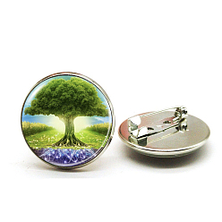 Платина Штифт из сплава, стеклянная плоская круглая брошь с деревом жизни, платина, 25 мм