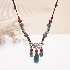 Стально-синий Ожерелья из богемского сплава с фарфоровой каплевидной бусиной и кисточкой, регулируемые, античное серебро, стальной синий, 19.69~31.50 дюйм (50~80 см)