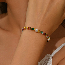 Coloré Bracelets bohèmes en pierre naturelle rondelle, perles d'eau douce et perles de verre pour femmes, or, colorées, 7.48 pouce (19 cm)