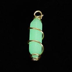 Beige Luminous Glass Pendants, with Golden Tone Copper Wire Wrapped, Bullet, Beige, 26x8x8mm, Hole: 2.5mm