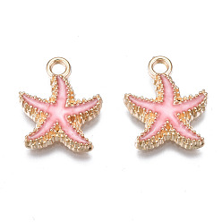 Pink Alloy Enamel Pendants, Starfish, Light Gold, Pink, 18x15x3mm, Hole: 2.5mm