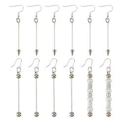 Platine 6 paires 3 styles boucles d'oreilles pendantes en alliage, avec crochets et barre en argent sterling, décorations de pendentifs à perles pour la création de bijoux et autres loisirs créatifs, platine, 79~80x6~7mm, 3 paire / style