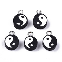 Black Handmade Polymer Clay Charms, with Platinum Tone Iron Findings, Flat Round with Yin Yang, Black, 13~14x9~10x4.5mm, Hole: 1.8mm