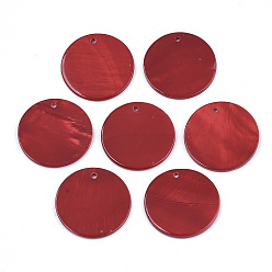Dark Red Natural Freshwater Shell Pendants, Flat Round, Spray Painted, Dark Red, 25x2mm, Hole: 1.5mm