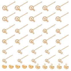 Золотой 38шт 3 размер латунный шариковый гвоздик для серьги, с горизонтальными петлями, с фрикционными гайками 40шт., реальный 18 k позолоченный, 13.5~17 мм, отверстие : 1.3 мм, штифты : 0.6 мм
