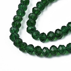 Dark Green Glass Beads Strands, Faceted, Rondelle, Dark Green, 4x3mm, Hole: 0.4mm, about 123~127pcs/strand, 16.5~16.9 inch(42~43cm)